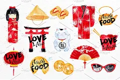 手绘水彩日式经典元素设计素材 Asia-Set #879312-设计元素-@美工云(meigongyun.com)