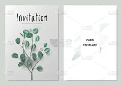 邀请卡模板设计，绿色的树枝银元桉树的叶子和花在浅灰色的背景