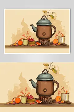 AI数字艺术手绘围炉煮茶插画-众图网