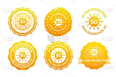 收集防晒邮票SPF 50 。UVA和UVB 。SPF 50及以上,紫外线保护乳液和奶油包装标签.矢量