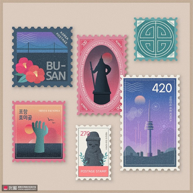 韩国特色旅游标志建筑人文邮票插画 工具物...