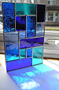 Abstract Stained Glass Suncatcher Shades of Blue Handmade