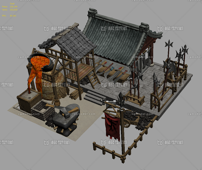 古代锻造铺 兵器铺 铁器铺 打铁铺 神兵_itsbox作品_建筑历史建筑_cg模型网