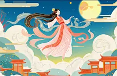 中秋节嫦娥月下飞舞祥云伴身插图卡通唯美手绘古风人物插画壁纸