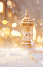 in the snow in front of a gold clock sign, in the style of soft and dreamy atmosphere, gold, miniature illumination, liquid light emulsion, white, british topographical, festive atmosphere