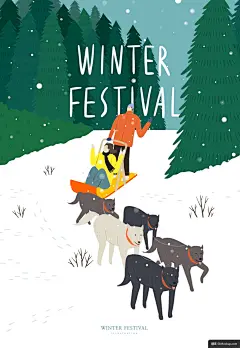 户外雪地狗拉雪橇冬日情侣冬季节日手绘海报模板平面设计