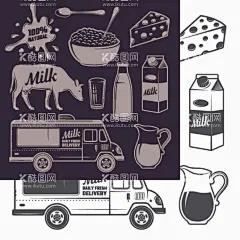手绘黑白早餐牛奶乳制品  - 源文件下载【酷图网】牛奶卡通,乳制品,牛奶罐,牛奶奶酪,奶制品,鲜奶,酸奶油,一杯牛奶,奶瓶,牛奶,酸奶,凝乳