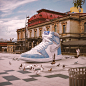 Photo composite of giant sneaker in nature. Retouching using Photoshop