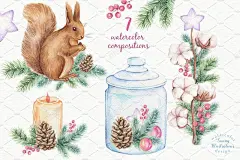 圣诞节日装饰物品花环松鼠棉花松枝手绘插画图案插