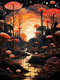 富有想象力的奇幻风景插画海报金黄色