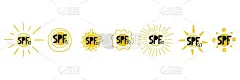 SPF日落。手绘涂鸦太阳能符号，防紫外线标志标签，黄色标牌与黑色字母和数字，图标防晒产品和皮肤化妆品