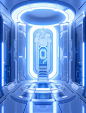 an image of a futuristic elevator, in the style of light indigo and white, futuristic sci-fi aesthetic, rtx on, calming symmetry, vibrant, high-energy imagery, tabletop photography, schizocore