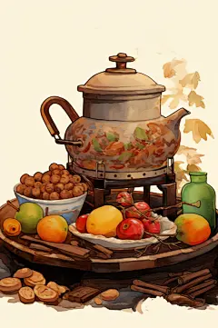 AI数字艺术手绘围炉煮茶插画-众图网
