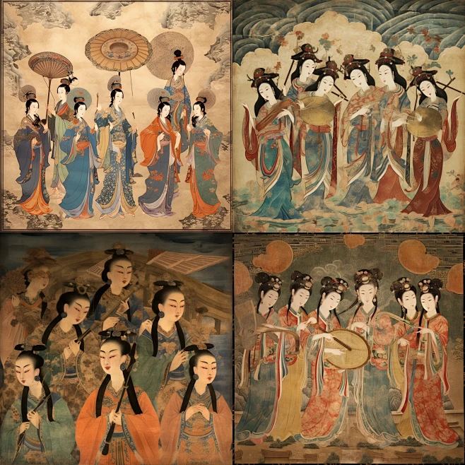 敦煌飞天女，三星堆大场景，古风，敦煌色彩，唐代，宫廷，精美华丽的服装，鲜艳的色彩，复杂的图案，优良的面料质量，丝绸材料，刺绣工艺，织锦图案 ...