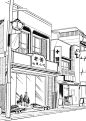 现代建筑场景线稿图片 黑白CG二次元漫画背景参考城市街道背景线条