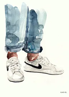 手绘水彩插画壁纸裤子鞋子牛仔裤运动鞋褪局部