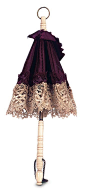 French Bone-Handled Silk Parasol for Poupee    8" (20 cm.) having carved bone handle and brass framework that allows the parasol to open and close,the parasol is fitted with original burgundy silk and a wide band of finely woven cotton lace. Excellen