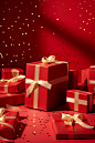Christmas presents on red background with gold ribbon, in the style of danish design, do ho suh, light-filled compositions, confetti-like dots, minimalist photography, colorized, de stijl