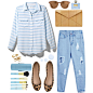 A fashion look from December 2014 featuring blue striped blouse, ripped jeans and ballet shoes. Browse and shop related looks.
