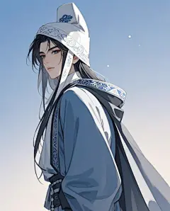国风插画男子长发披肩垂直连帽长袍