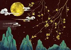 57款复古金线烫金国风孔雀仙鹤PSD装饰画设计壁画山水画 (30)