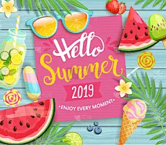 你好,夏天,2019,粉色,贺卡,清新,传单,野餐,问候