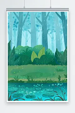 雨季春季唯美森林插画背景图-众图网