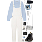 A fashion look from March 2018 featuring blue sweater, white jumpsuit and motorcycle boots. Browse and shop related looks.