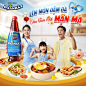 This may contain: an advertisement for a vietnamese restaurant with two people and a child in front of it