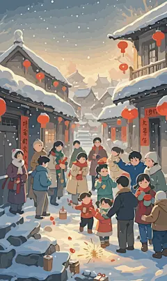 春节雪景街景庆春插画图形元素