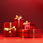red gift boxes with golden ribbon, clean solid red background, shadow from window blinds, high saturation color matching, top light, studio light, bright product light and shadow, advertising photography, realistic and hyper-detailed renderings, HD, best 