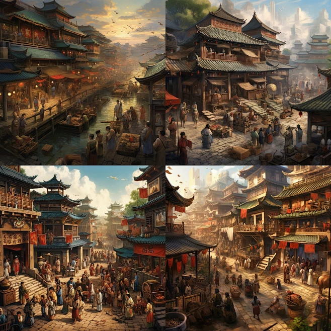 中国古代码头集市，人来人往，清明上河图风格-花瓣网