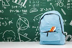 回到学校背景。文具在书包里。横幅设计教育用黑板上的数学公式。