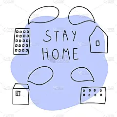 四房说:待在家里，蓝色背景上有拷贝空间