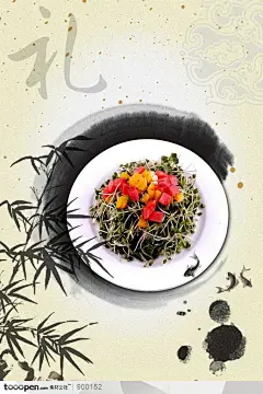 餐饮海报-水墨画上的一盘炒绿豆芽