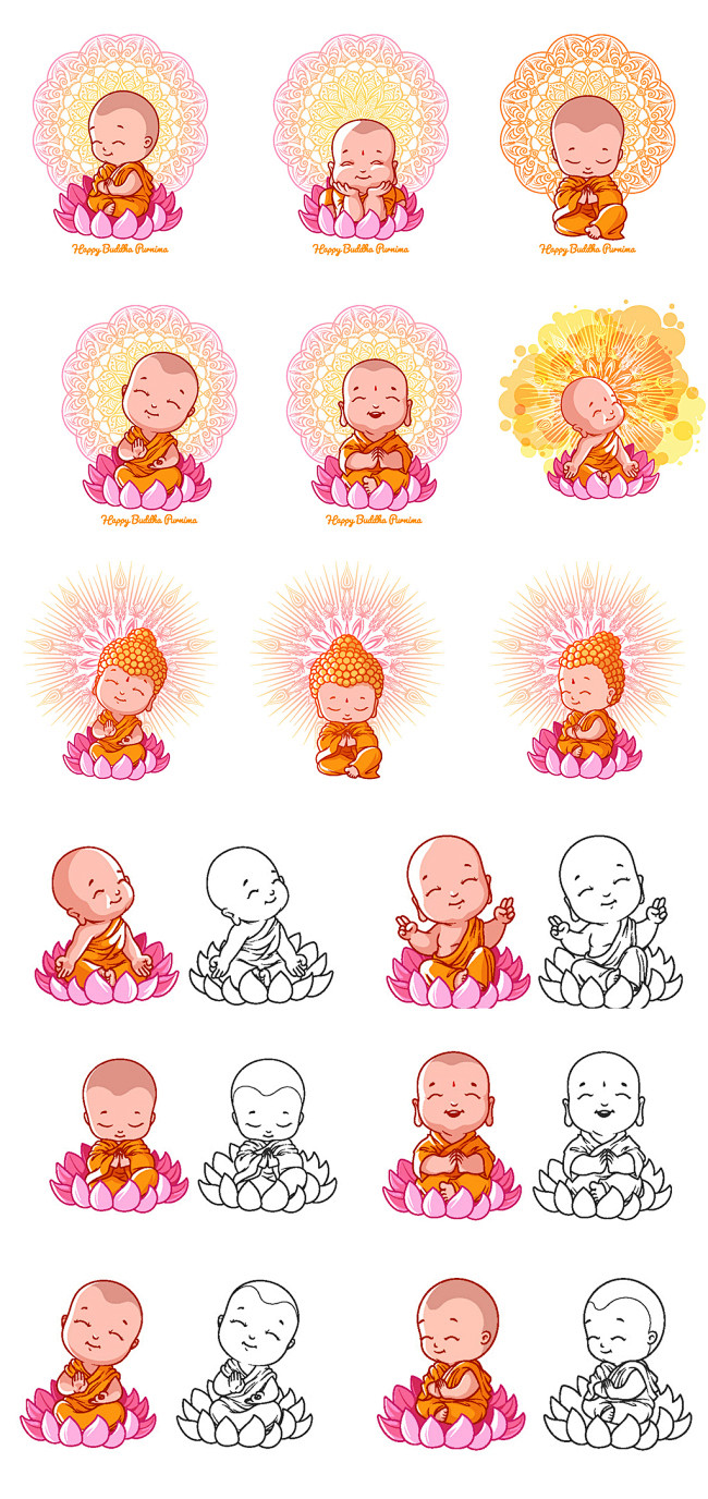 卡通手绘佛教可爱儿童人物插画矢量素材