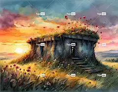 Ai产生的 掩体 结构 建造 战争 景观 残 日落 花朵 绘画