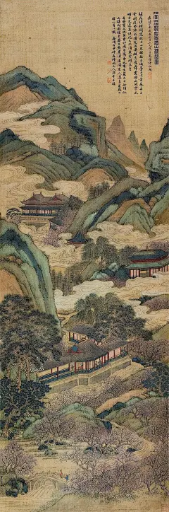 仇英——款《仙山楼阁图》【许初题识：仇实父仿郭恕先仙山楼阁图。嘉靖丁未岁春王月上元後二日】【彭年题识：...嘉靖戊申仲春】人物山水 立轴欣赏 | 
明|仇英(约1498-1552)字实父，号十洲，吴门四家之一。擅人物仕女，工设色水墨、白描，偶作花鸟。与沈周、文徵明、唐寅并称为&quot;明四家&quot;。早年为漆工、画磁匠并为人彩绘栋宇，因文徵明所称誉而知名。后以卖画为生，师从周臣。画上他为不破画面美感，一般只题名款少写文字。