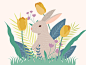 春天兔子树枝复活节春天的花朵花gif树叶叶子动物矢量插图平面设计动画兔子兔子