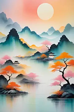 中式写意国潮山水插画背景图