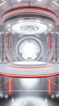 A simple sci-fi style design, high-end futuristic sense. In the middle, there is a circular display stage with technological elements, decorated with white light effects. Geometrical shapes made of glass materials similar to laboratory equipment. Lab styl