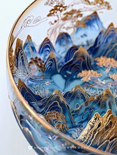 【ai宇宙吧】中国文化琉璃陶瓷玻璃金金镶玉立体微缩景观碗背景Midjourney描述关键词咒语I：