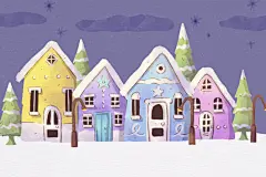 卡通圣诞节小镇社区房屋房子街道平安夜圣诞树雪景插画ai设计素材-淘宝网