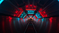 Wallpaper escalator, tunnel, dark, neon, blue, red