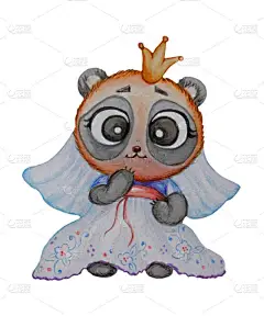 可爱的熊大熊猫新娘穿着婚纱，头戴面纱，头戴白色背景的皇冠。水彩画手绘有趣的例证