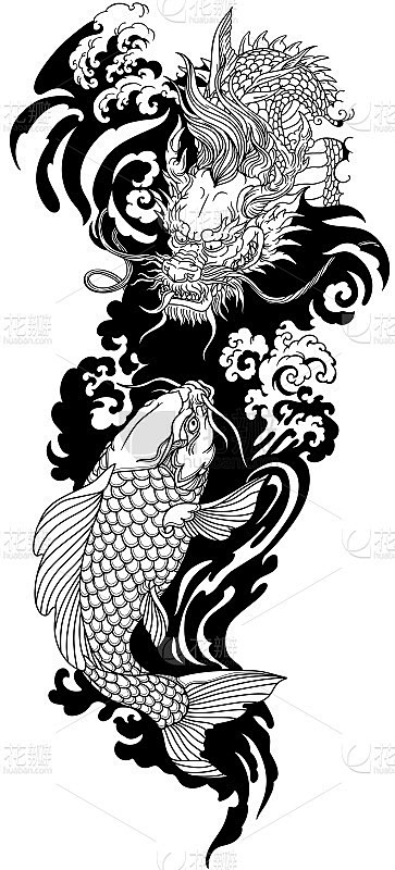 东亚龙和锦鲤。黑白纹身