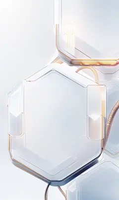 Two plastic hexagons connected to a power cord, in the style of translucent layers, medicalcore, open form, white and gold, realistic detail, rectangular fields, large format lens
