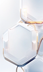 Two plastic hexagons connected to a power cord, in the style of translucent layers, medicalcore, open form, white and gold, realistic detail, rectangular fields, large format lens