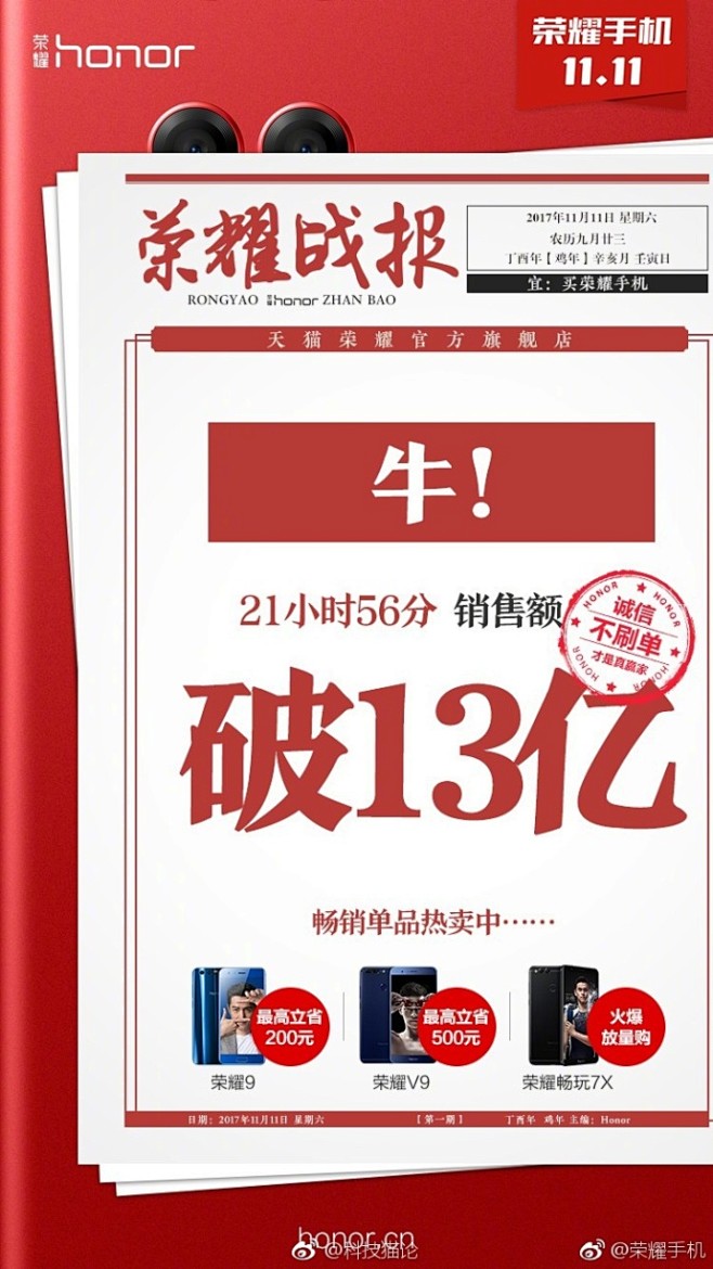 华为以及华为荣耀在双十一期间的战报。-2
