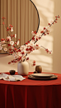 A table setup with a red table cloth and a beautiful arrangement of cherry blossoms, in the style of zen buddhism influence, mirror, light brown and beige, clemens ascher, tondo, imitated material